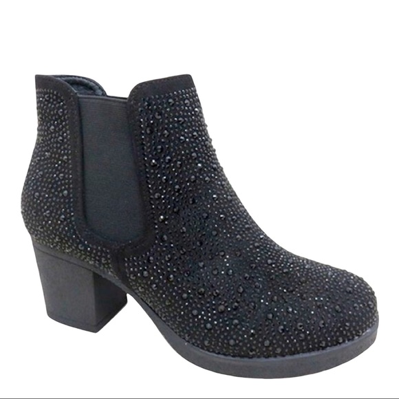 Italina Black Metallic Glitter Rhinestone Embellished Heeled BOOTIE - Picture 4 of 7